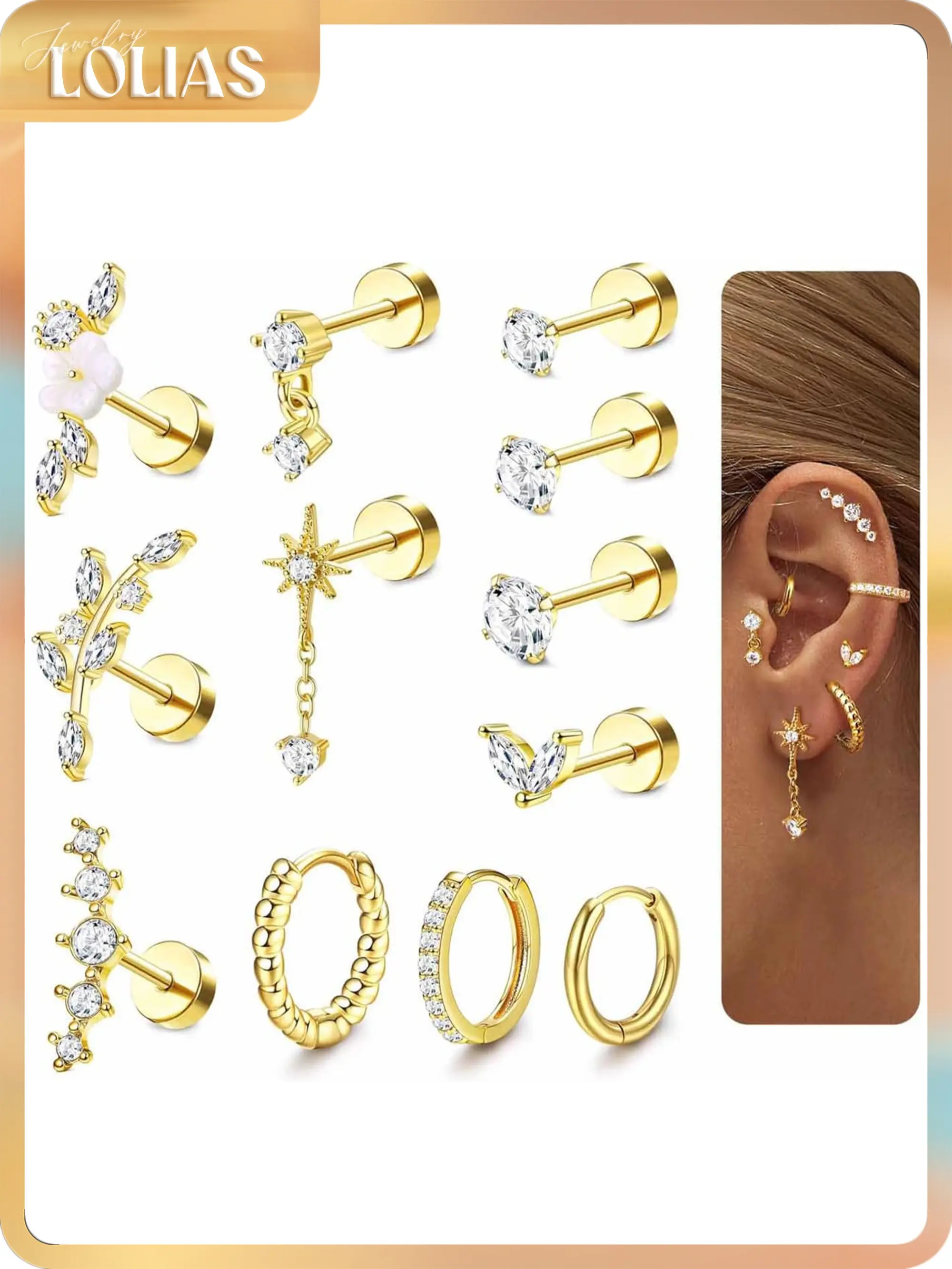 LOLIAS Women's 12Pcs 16G 316L Stainless Steel Cartilage Earrings Set - Hypoallergenic, CZ Studs, Hoops, Screw Back Design, Silver Plating Keeps Shine Lasting, Metal Coating, Non-Tarnish Earring Stack for Tragus, Helix