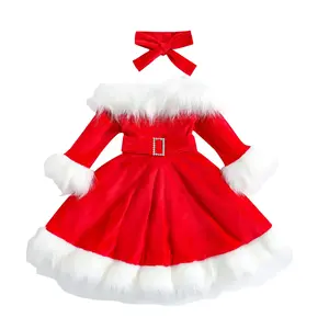 Toddler Girls Christmas Dress Santa Claus Outfit Red Long Sleeve Princess Plush Trim Dress Velvet Xmas Party Dress(Sheet)