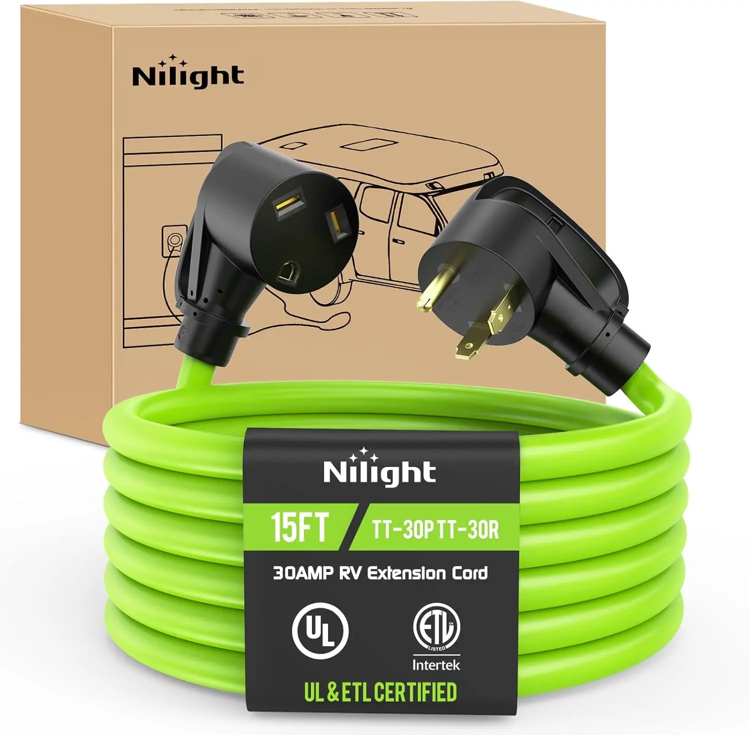 Nilight 15FT/25FT/50FT 30/50 Amp RV Extension Cord 125V Heavy Duty 10/3 Gauge Pure Copper STW Wire UL ETL Listed 3 Prong TT-30P TT-30R Weatherproof Suit for Camper Caravan Trailer Bright Green, Pure-Copper Wires