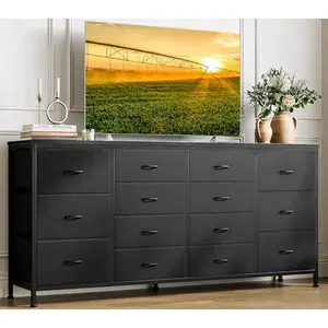 63" W Black Dresser TV Stand for 65 70 75 Inch TV, 14 Drawer for Bedroom with Power Outlets, Large Long Fabric Dresser Entertainment Center