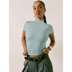 Cider [3 colors, size 2-10] High Stretch Double Layered Turtle Neck Solid Short Sleeve Top SummerWins Dealsforyou