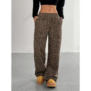 Women's Sports Autumn/Winter New Casual Loose High-Waisted Elastic Waist Wide-Leg Sweatpants, Multifunctional and Slim Leopard Print Color Womenswear Bottom