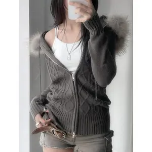 Women's Contrast Faux Fur Trim Zip Up Hooded Sweater Cardigan, Casual Long Sleeve Cardigan for Fall & Winter, Women's Knitwear for Daily Wear��gift�� Womenswear Tops