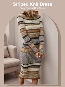 Women's Long Sleeve Sweater Dress Wrap, Striped Ruffle Hem Knit Bodycon Tight-Fitting Casual Wear Fall & Winter Fashion Ruffled, Casual Chic Dress