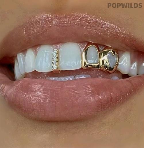 Double Tooth Hollow Heart Grillz - Smooth Gold Finish Dental Accessory, Hip-Hop Street Style Piece for Daily Outfits, Wear for Parties to Command Attention, Enhance Look Fashion Costume Jewelry, Double Tooth Grillz