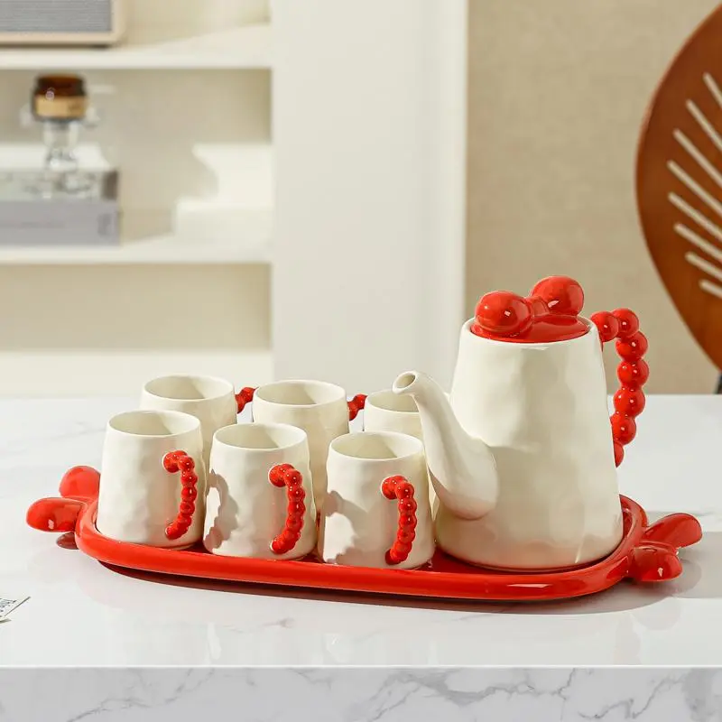 8pcs Creamy Ceramic Water Cup Set, Home Living Room Tea Table Drinking Cups, Teapot Included, Housewarming Gift Box