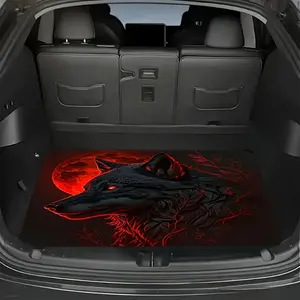 A car trunk mat featuring a fierce wolf and red moon design - compatible with various car models, splash-proof and dust-resistant, suitable for daily commuting and family use, made of high-quality, easy-to-clean materials, Car Mats