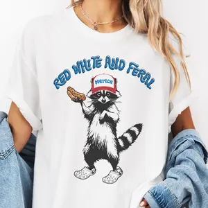 USA Red White  Feral Racoon Graphic Tee Vintage Hot dog Party America Patriotic Racoon Tshirt Trucker Hat Hot Dog Eating Redneck Shirt Unisex Casual Womens Top