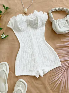 Women's Fashion Casual Beach Vacation Romper, 3D Embroidered Halter Backless Sleeveless Waist Cinching Slimming Fitted Jumpsuit, Summer, Solid, Womenswear