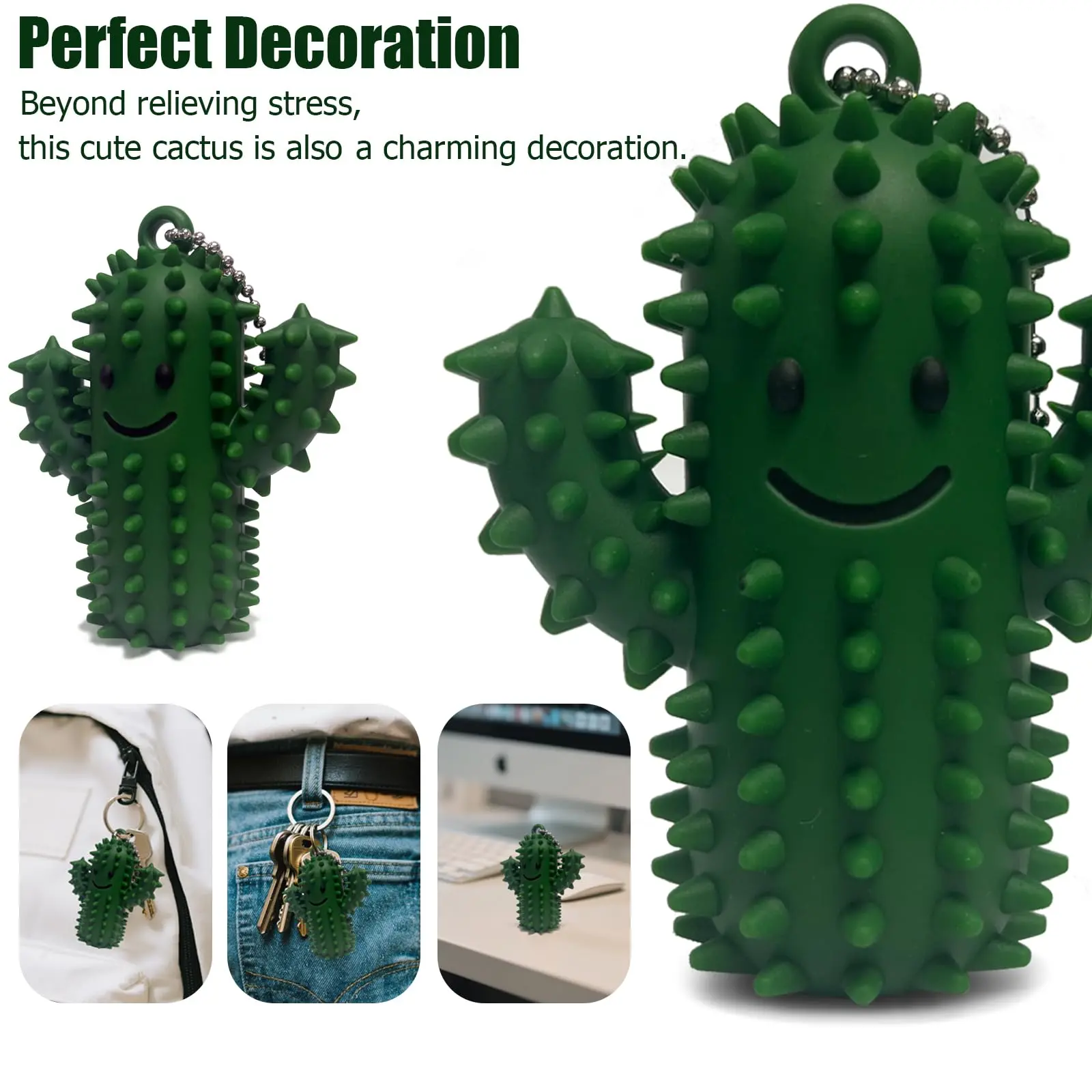 Silicone Desert Cactus Desk Ornament, Textured Botanical Keychain Pendant for Backpack, Multi-Color Acupressure Stress Reliever for Office & Travel, 1Piece (Green)