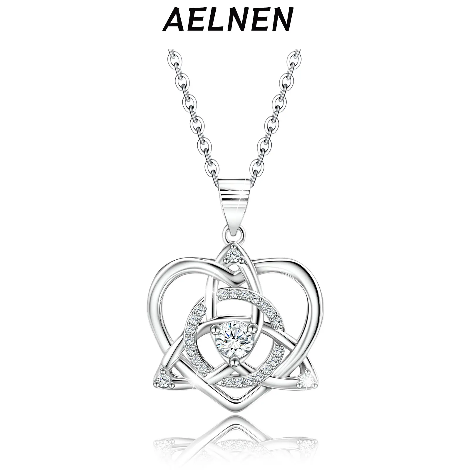 Silver Celtic Knot Charm Pendant Necklace  with Sparkly Cubic Zirconia, Elegant Trinity Love Heart Pendant Chain, Irish Vintage Good Luck Jewelry Gift for Women Wife Mother on Anniversary Christmas