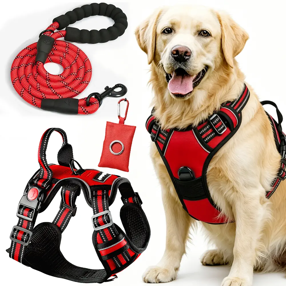 Helety Adjustable No Pull Dog Harness Set with 1.5M Leash & Poop Bag Holder | Breathable Soft Nylon Oxford Vest Harness for Small Medium Large Dogs | Comfortable Pet Walking Gear gooharness