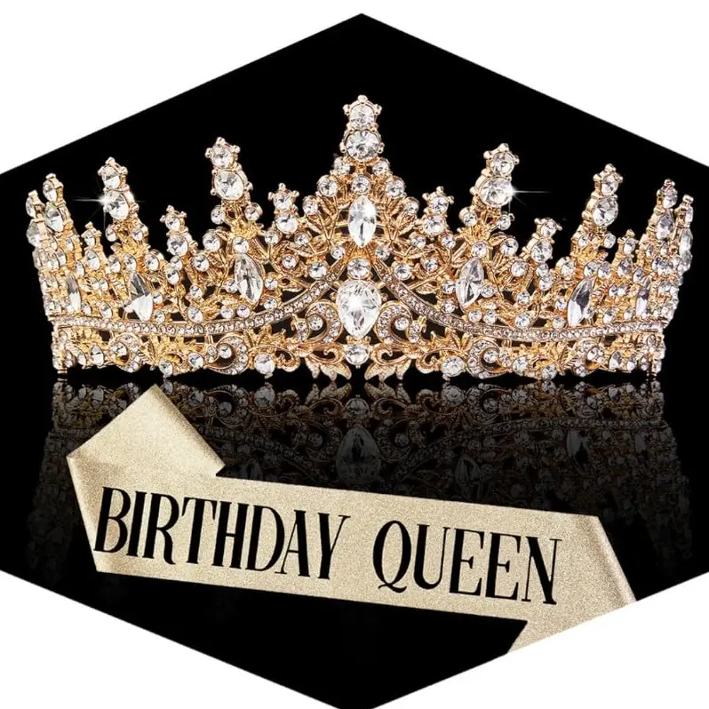 Birthday Queen Gold Crown & Sash Set – Crystal Rhinestone Tiara for Women, Bridal Wedding Hair Accessories, Birthday Party, Prom, Pageant & Coming of Age Photo Props