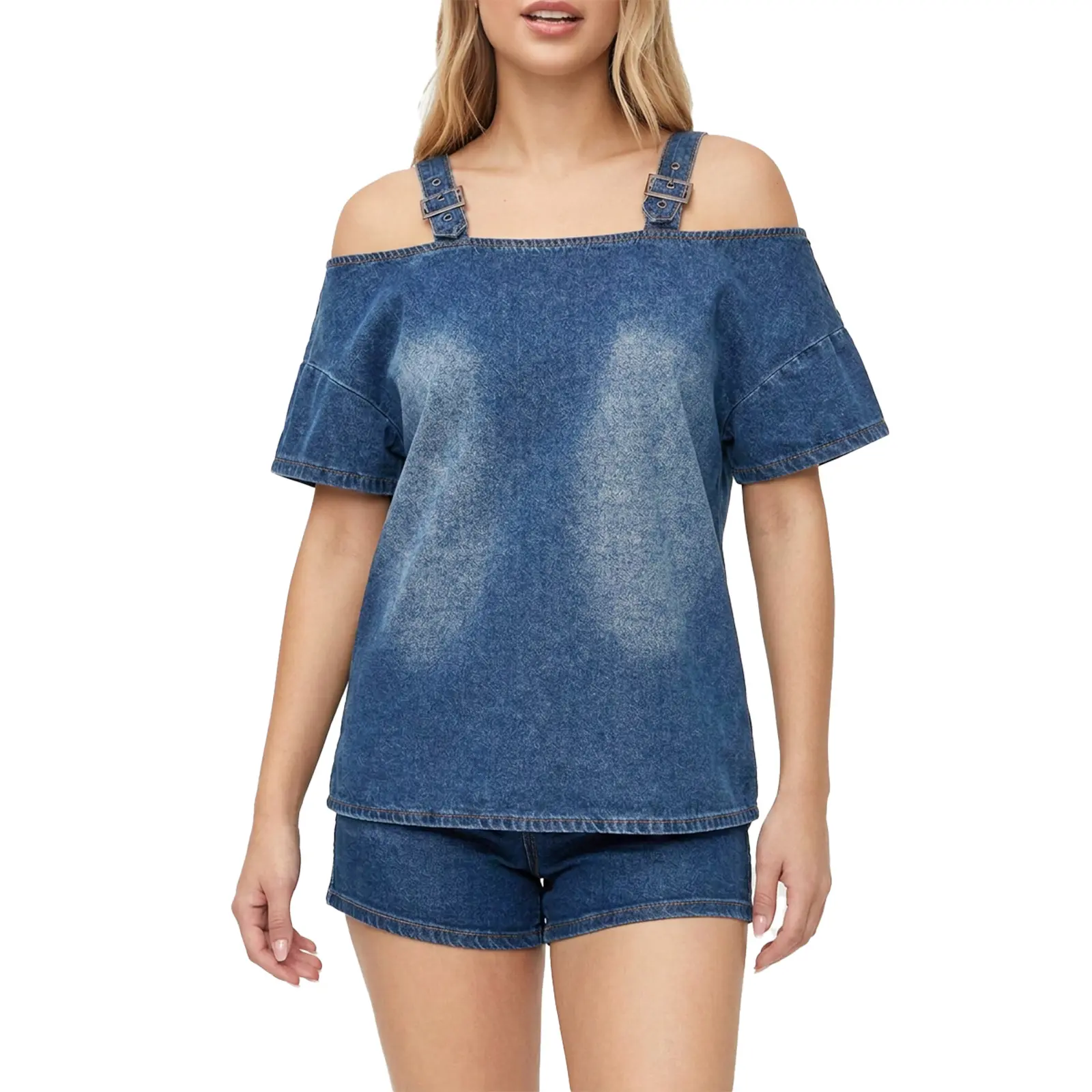Fisoew Women's Cold Shoulder Denim Top - Adjustable Strap, Short Sleeves, Retro Look, Trendy Blouses, Loose Fit, Vintage Streetwear, Casual Jean Blouse, Summer Vacation Outfits, Women's Tops, Cold Shoulder Top, Streetwear Denim, Easy Vibe