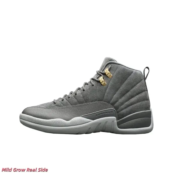 Brand New Air Jordan 12 Cool Grey Suede High Top Sneakers With Original Box, Unisex Retro Basketball Shoes Gold Metal Details Casual Streetwear Footwear