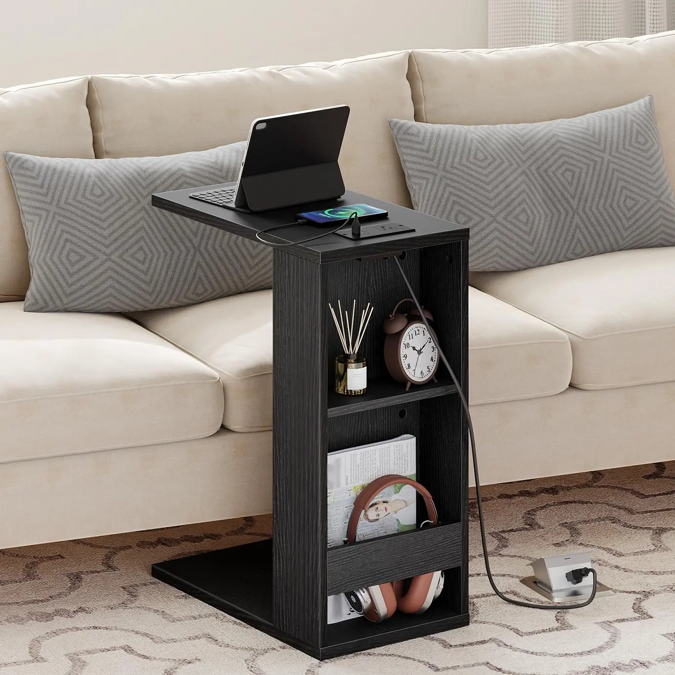 HOOBRO C-Shaped End Table with Charging Station & Storage, Slim Side Table for Small Spaces, Modern Couch Table for Living Room, Bedside Table, Black