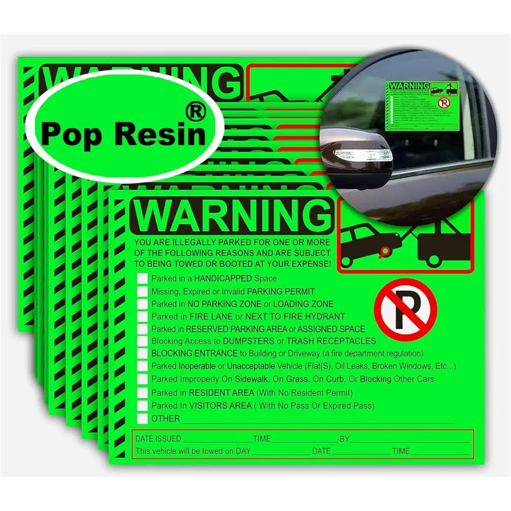 50 Pcs Fluorescent Parking Violation Warning Stickers, 5.5x7.5 in Green Adhesive Message Car Stickers for Private Vehicle Exterior Notice