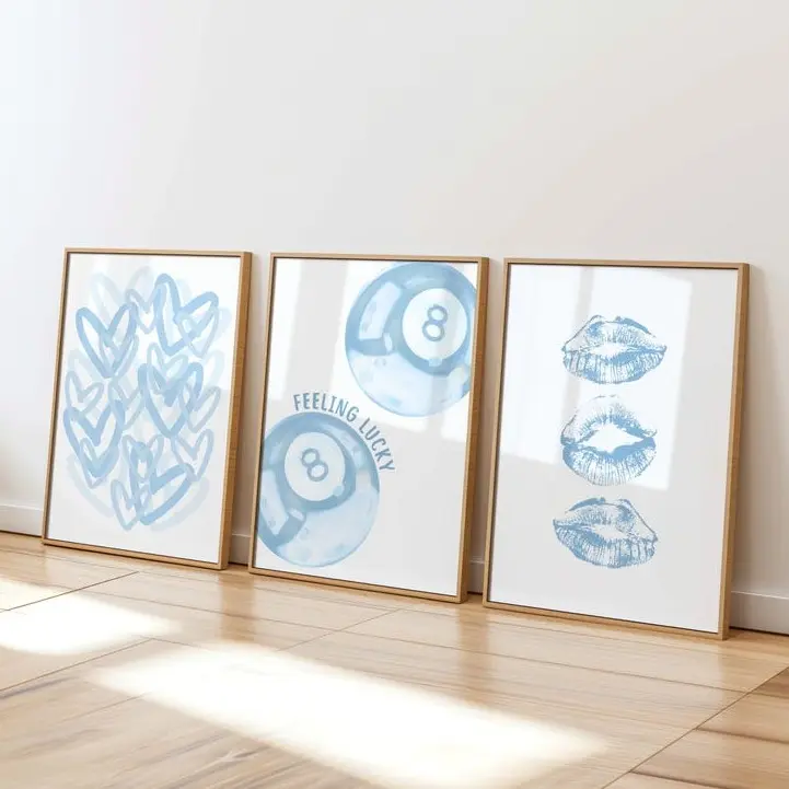 Blue Preppy Dorm Room Prints Set of 3, Light Blue Trendy Wall Art, Girly College Apartment Posters, Feeling Lucky 8 Ball Print, Digital
