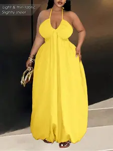Plus Size Solid Tie Back Halter Neck Dress, Casual Sleeveless Long Dress for Summer, Women's Plus Clothing for Daily Wear, Womenswear