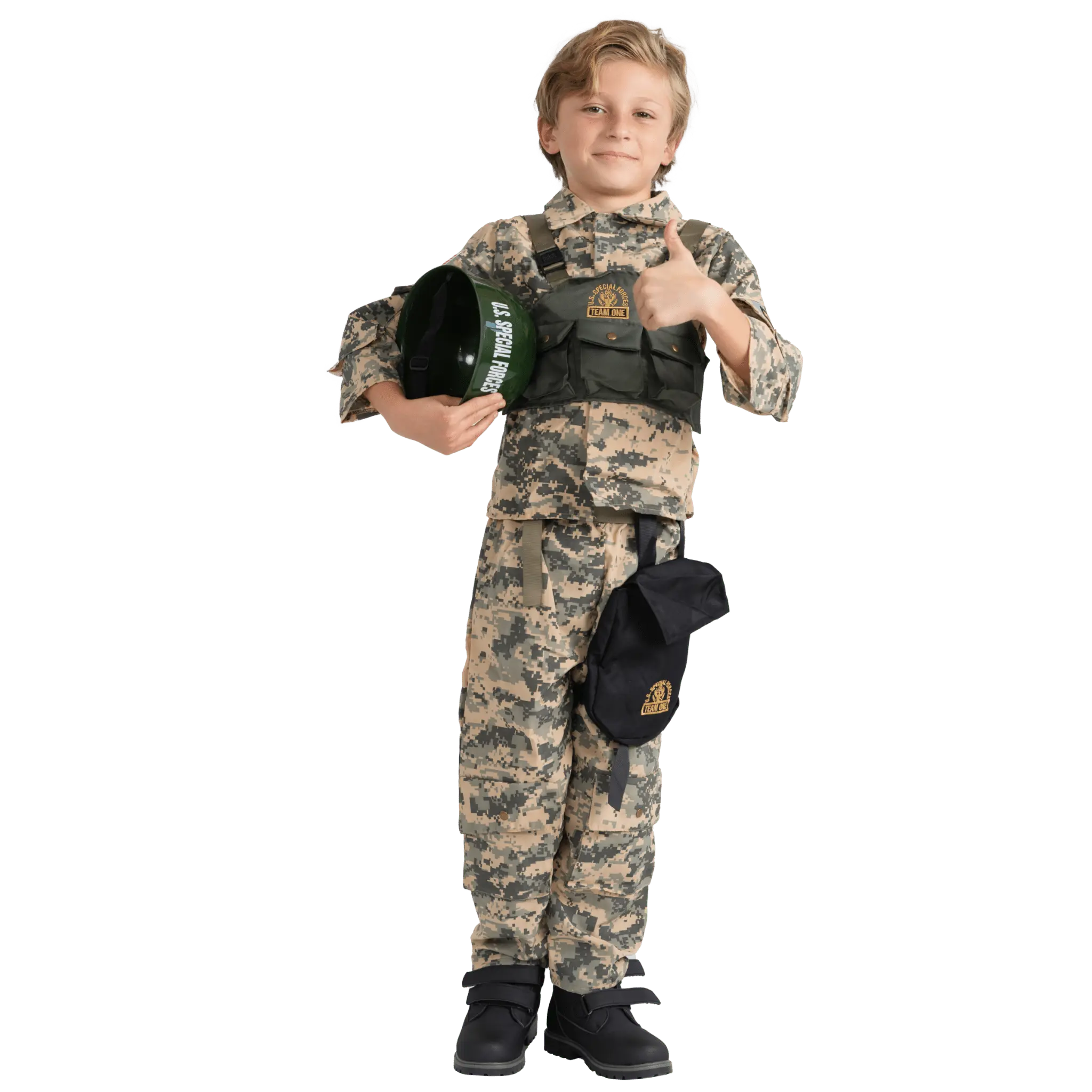 Army Soldier Costume For Kids - Camouflage Uniform With Helmet, Belt & Canteen Holder Cosplay Costume - Perfect for Halloween, School Play & Patriotic Festival - Gift For Army Fan