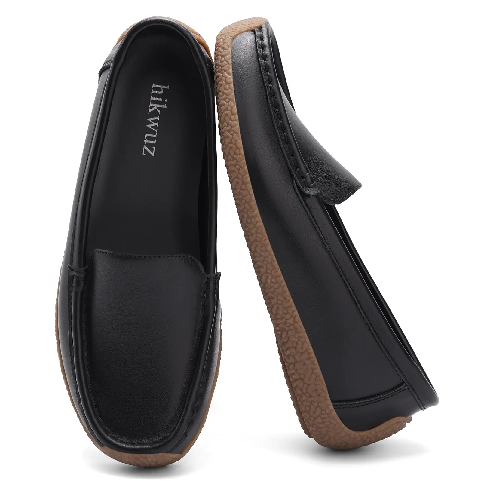 hikwuz Women's Plain Pig Skin Slip-On Leather Loafer Flats - Antislip, Lightweight, Feminine Ankle Casual Moccasins - Walking Shoes for Driving, Office Commuting (Black) Footwear