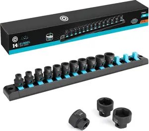3/8" Drive Stubby Impact Socket Set, Low Profile Impact Sockets, 14-, Metric, Size Covers 6-19mm, Cr-Mo Steel, Organized in  Storage Rail