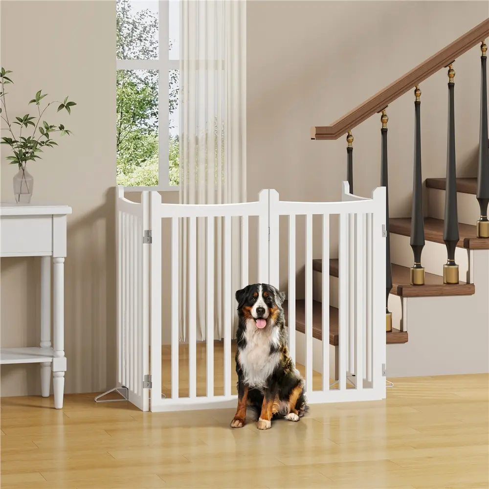 Costoffs 36" Freestanding Wooden Pet Gate - 4-Panel Foldable Dog Barrier for Stairs & Doorways, Includes 2 Support Feet