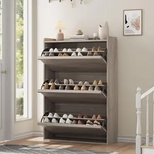 Gray Adjustable Wooden Shoe Organizer Storage Cabinet with 3 Flip Drawers for Entryway Hallway Living Room Gray Metal Racks Loafers Sneakers