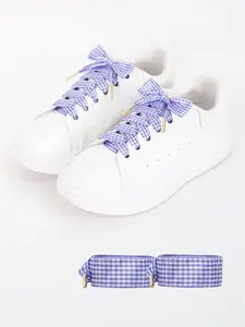 Metallic Head Plaid Shoelaces Set, Casual Style Blue- Wide Laces, Perfect for Daily Wear, All Seasons Accessory