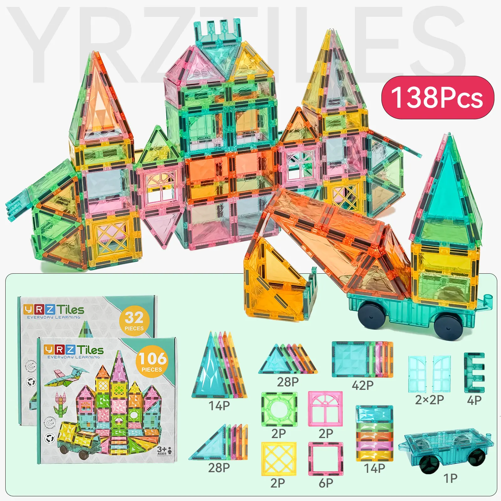 【NEW 138PCS Mega Set】YRZtiles Magnetic Tiles, Jumbo 138PCS Magnet Building Blocks, Sturdy Construction STEM Educational Toy, Preschool Learning Playset, Best Gift for Kids 3+ Boys Girls