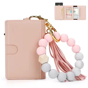 【2026 Womens Gift】Women's Smart Card Wallet，Fashion Beaded Decor Pu Leather Keychain,Minimalist - 9-14 Card Capacity | ID Window | Cash Slot vintage wallet fashionable small pu leather wallet