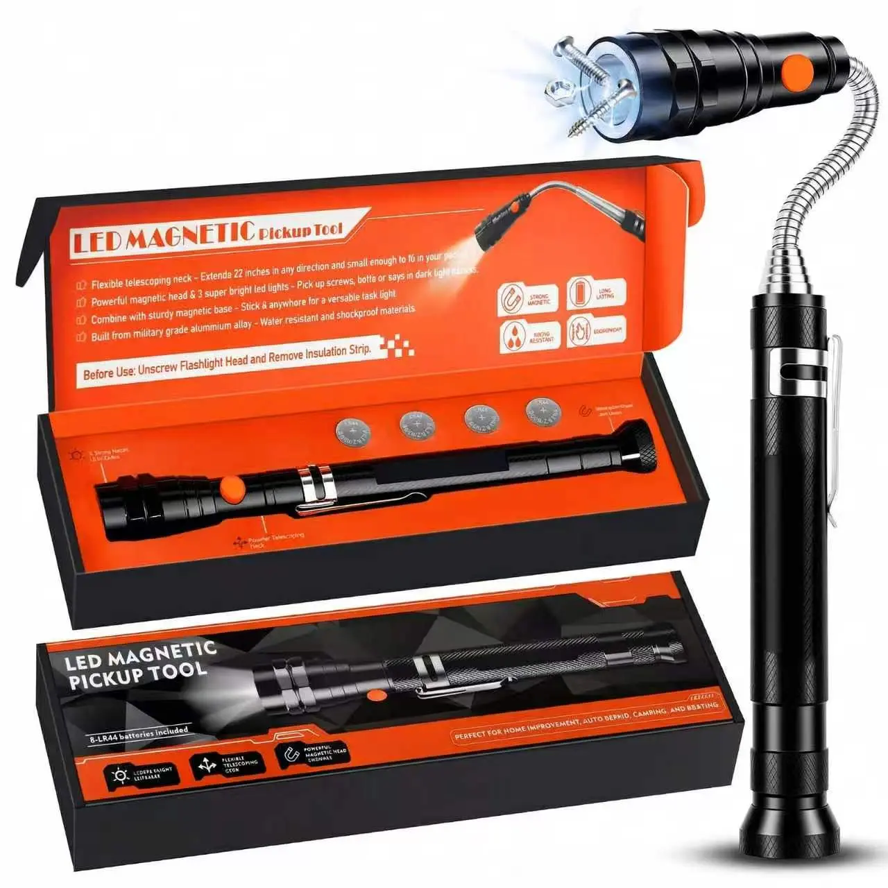 Non-Rechargeable LED Flashlight, 22-Inch Telescopic Tool with Super Strong Magnet, 360-Degree Bend Aluminum Body, Portable Torch with 8 LR44 Batteries & Base That Mounts Anywhere for Tight Spaces (Includes Bag), Home Improvement, Chandelier, Metal