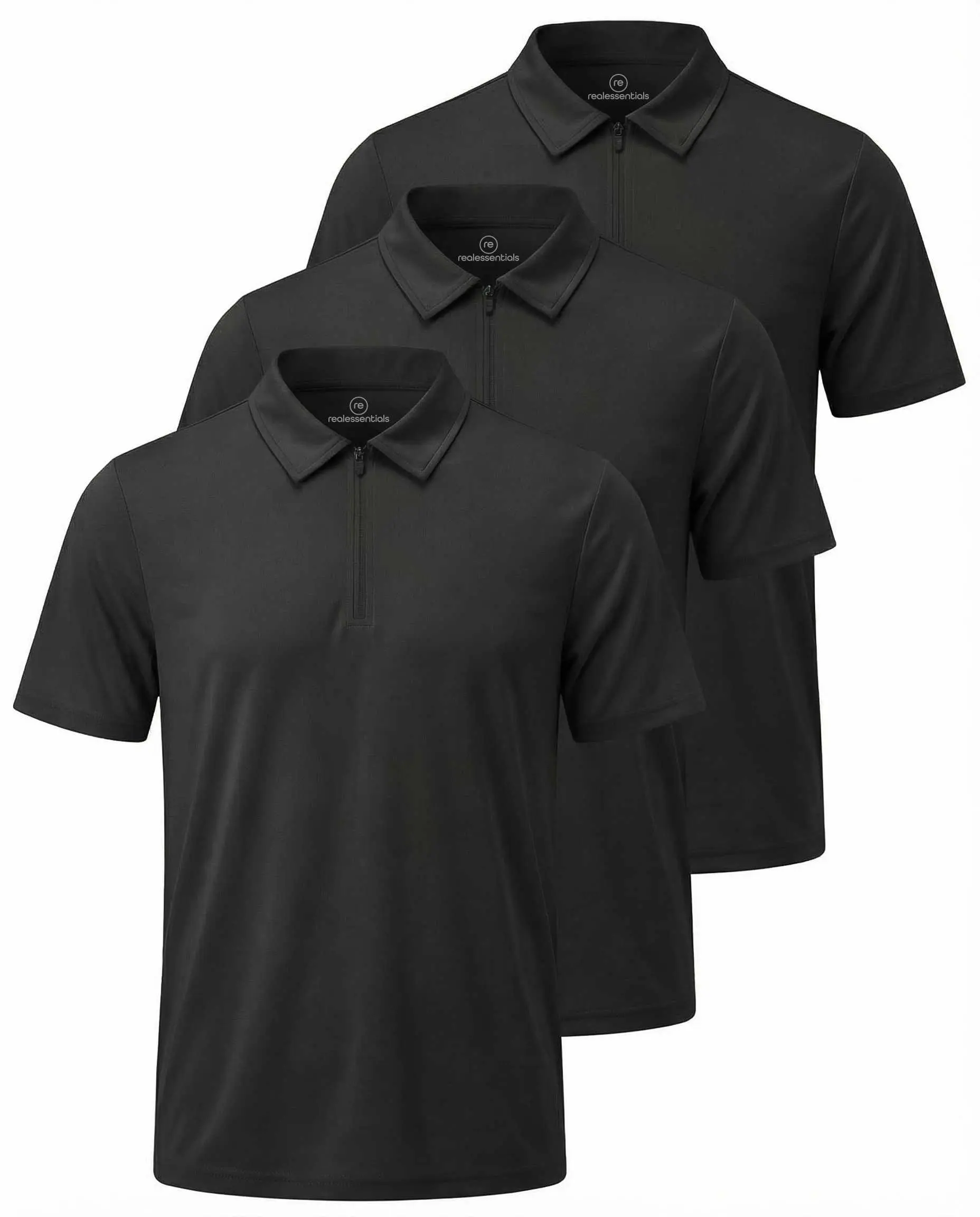 Real Essentials 3 Pack: Men's Polo Shirts Zipper Short Sleeve Dry Fit Quarter Zip Golf Athletic Workout Gym Collared