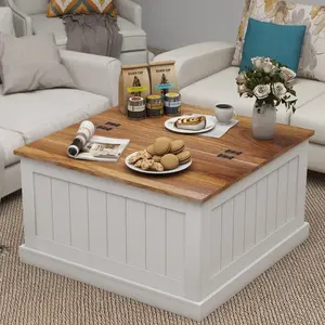 31.5" Farmhouse Coffee Table Square Wood Center with Hinged Lift Top Rustic Cocktail Table Large Hidden Storage for Living Room White