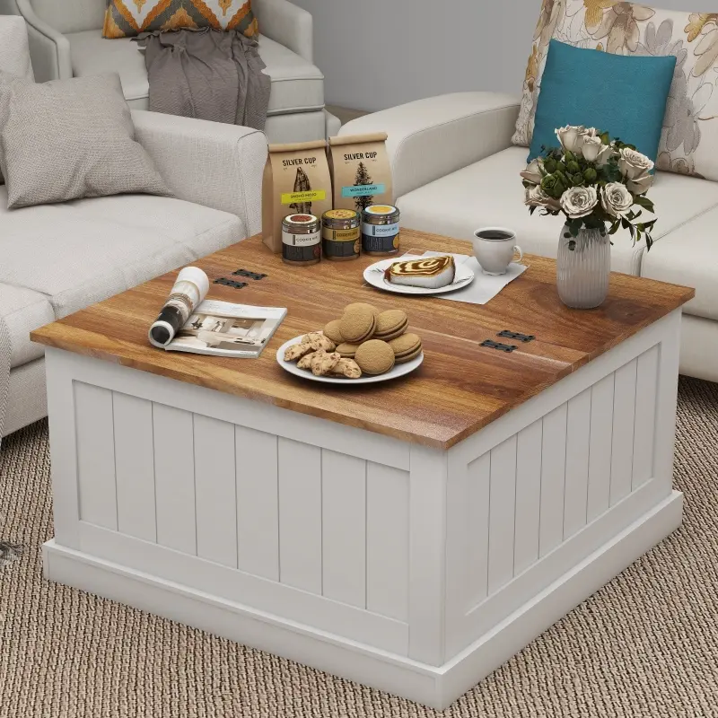 31.5" Square Wooden Coffee Table - Farmhouse Rustic Classic Adjustable Cocktail Table with Hinged Lift Top, Large Hidden Storage for Living Room, White, Classic Coffee Tables