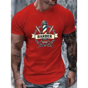 Men's 180g 100% Cotton Barber Shop Graphic T-Shirt - Retro Pole & Scissors Print, Breathable Round Neck Short Sleeve, Machine Washable All-Season Comfort, Multiple Color Options