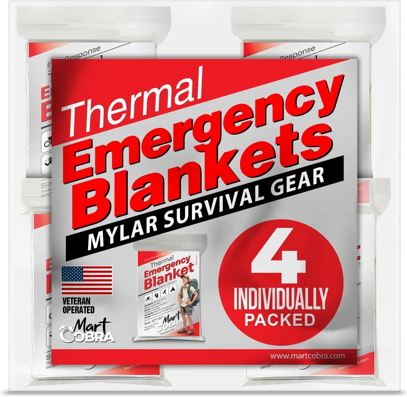 Emergency Blanket Mylar Thermal Space Survival Gear & Supplies 4-Pack Foil | Cold Weather Power Outage Camping Car Winter Storm Heat Reflective Hiking Backpacking Essentials First Aid Marathon Prepper