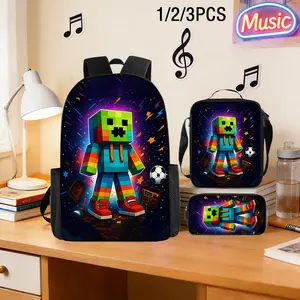 3Pcs Minecraft Style Creeper Backpack Set Durable 600D Oxford Cloth School Bag Insulated Lunch Box & Pencil Case Combo Adjustable Breathable Strap Large Capacity Fits 15in Laptop for Kids Teens School Travel Outdoor Use