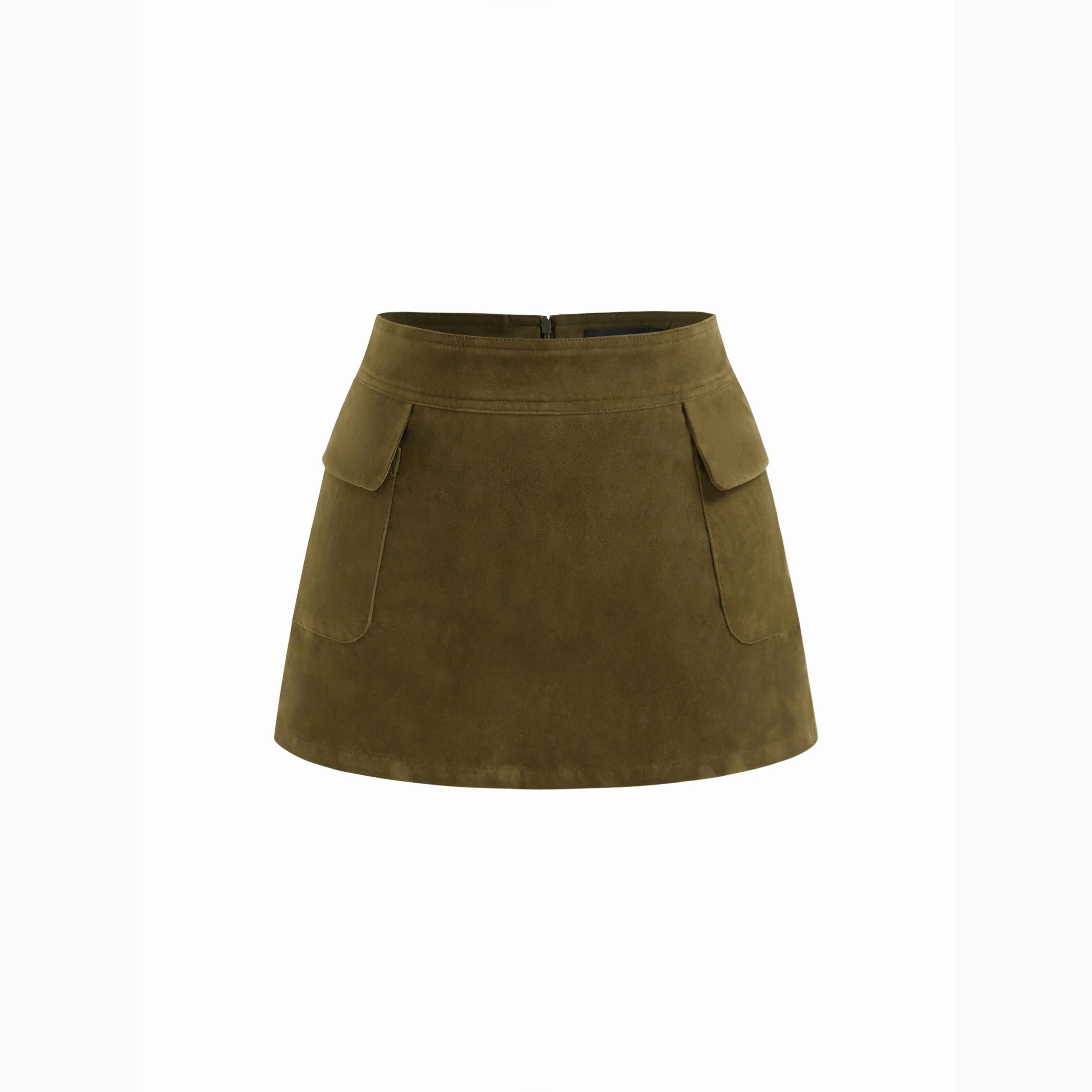 Cider Women's Suede Low-Rise A-Line Mini Skirt, Casual Bottom with Zip Closure, Basic, Lady, Minimalist, Faux Leather, A-Line Cut, Chic