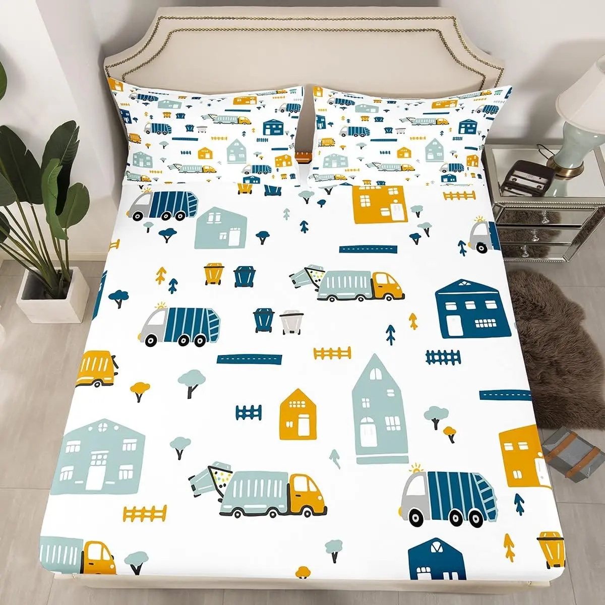 Feelyou Full Size Cartoon Garbage Truck Bedding Set - Construction Theme, Breathable Durable Sheets, Stretchable Character Fitted Sheet, Bed Cover, Stretchable Fitted Sheets