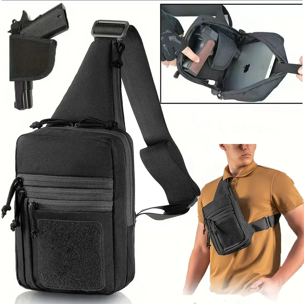 Men's Black Concealed CarrySummer saleHolster Sling Bag, Small Pistol BackpackChest Backpack, Travel, Sports, WalkingCrossbody Shoulder Bag-Nylon Strap Zipper Closure