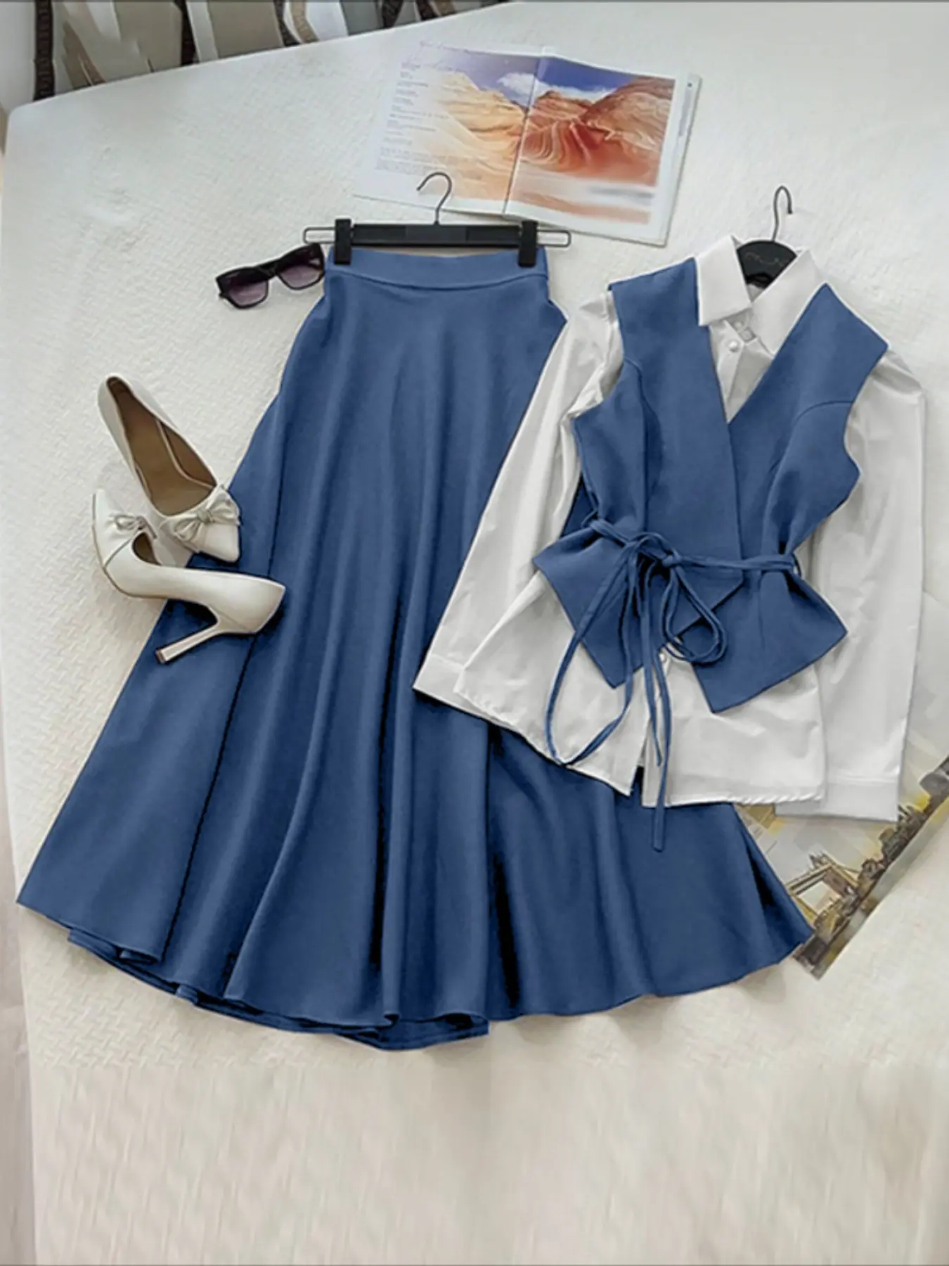 Women's Long Sleeve Collared Patchwork Shirt Dress Set, Skirt, Casual Office Wear, Elegant Two-Piece, Loose Fit, Comfortable & Stylish Design, Outfit