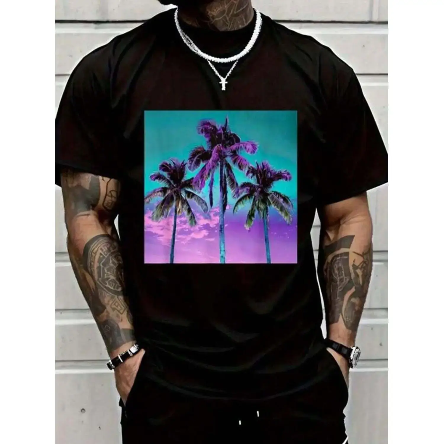 Men's Vintage Tropical Cotton Streetwear T-Shirt - Black Palm Tree Print, Teal Turquoise & Purple, Casual Short-Sleeve Top, Shortsleeve, Menswear, Palm Trees, Round Neck, Custom