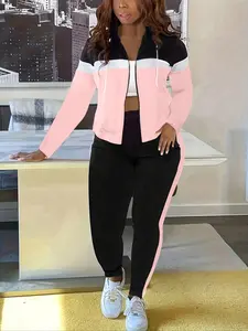 Women's Fashion Patchwork Hooded Cardigan & Pants Set, Casual Sporty Style, Regular Fit, Spring & Fall, New Arrival, Activewear Set