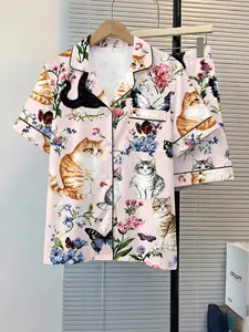 Women's Sleepwear 2-Piece Set, Pajama Set, Cat Butterfly Pattern, Comfortable Night Home Wear, Fashion Soft Fabric, Casual Daily Use
