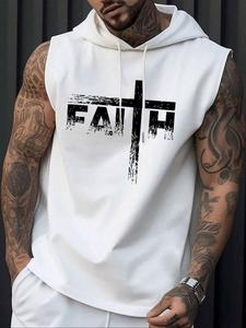 men's letter print cross & sleeve hoodie tank top, regular fit casual street hooded sleeveless top for summer, men's top for daily wear, sweatshirts