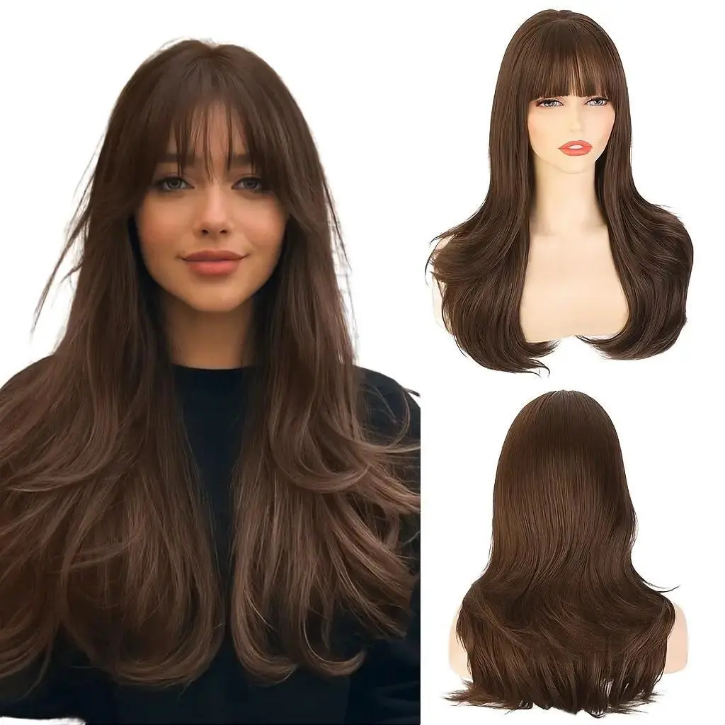 AISI HAIR Layered Wig with Bangs - 20 Inch Layered Wig with Bangs for Women, Natural Looking Soft Wavy Synthetic Wigs Straight Layers Haircut Fringe Daily Party Heat Resistant Wig