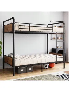 Twin Over Twin Metal Bunk Bed for Kids, Industrial Bed Frame, Heavy-Duty Metal Structure, Convertible Design, Noise-Free, Included Guardrail & Ladder, No Box Spring Needed, Vintage Black & Brown Wood Finish