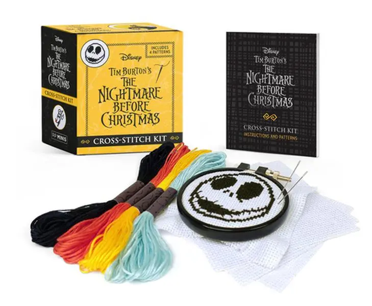 Disney Tim Burton's The Nightmare Before Christmas Cross-Stitch Kit - Embroidery Design Set with Embroidery Thread Set, Cotton, Jack and Sally, 1 Kit, 3 Pieces of 4" x 4" 14-Count Cotton Aida Cloth, Paperback Book for Literature Enthusiasts, 4 Skeins Of E