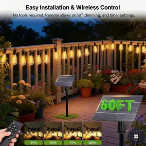 60FT Solar Patio String Lights, Flickering Edison Bulbs, Waterproof Outdoor Lights for Camping, Garden, Wedding Decor